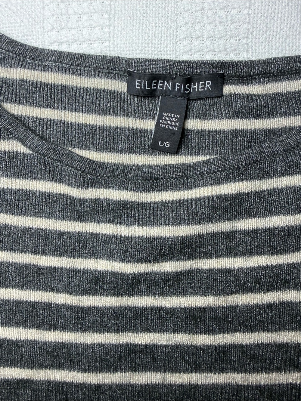 Eileen Fisher Striped Round Neck Box Top Tencel Merino Wool Gray Cream L - Picture 4 of 7
